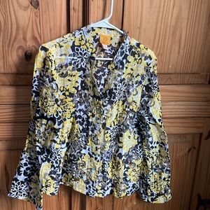 RUBY RD. Yellow, Black & White Design Sheer Button Down Shirt Size 16